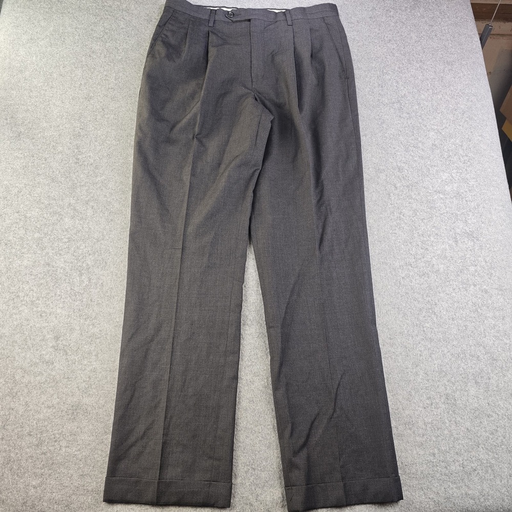 Paul Fredrick Dress Pants Mens 35x34 Gray Pleated 100% Wool Cuffed 35R